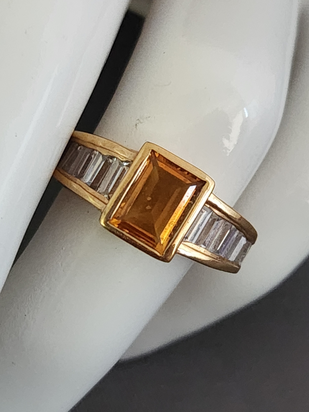 Gold Tone Over Sterling Ring with Amber Amethyst and Crystal Baguette Accents